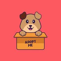 schattige hond in doos met een poster adopteer me. dierlijk beeldverhaalconcept geïsoleerd. kan worden gebruikt voor t-shirt, wenskaart, uitnodigingskaart of mascotte. platte cartoonstijl vector