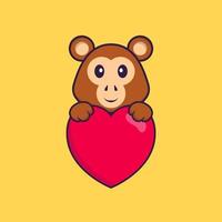 schattige aap met een groot rood hart. dierlijk beeldverhaalconcept geïsoleerd. kan worden gebruikt voor t-shirt, wenskaart, uitnodigingskaart of mascotte. platte cartoonstijl vector