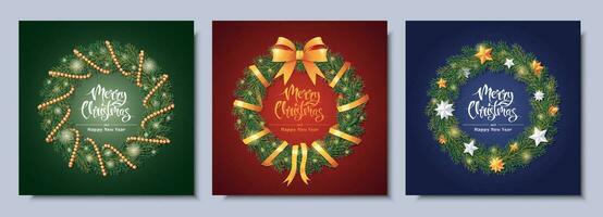 reeks van Kerstmis uitnodiging kaarten met feestelijk kransen gemaakt van Spar takken. Kerstmis en nieuw jaar. groet kaart, folder, banier met feestelijk decoratie. vector