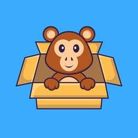 schattige aap spelen in doos. dierlijk beeldverhaalconcept geïsoleerd. kan worden gebruikt voor t-shirt, wenskaart, uitnodigingskaart of mascotte. platte cartoonstijl vector
