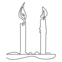 een doorlopend lijn tekening van kaars verlicht en brandend brand en smelten kaars licht in de donker zwart schets vector illustratie ontwerp