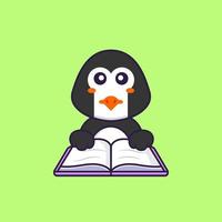 schattige pinguïn die een boek leest. dierlijk beeldverhaalconcept geïsoleerd. kan worden gebruikt voor t-shirt, wenskaart, uitnodigingskaart of mascotte. platte cartoonstijl vector
