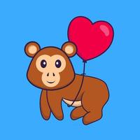 schattige aap die met liefdesvormige ballonnen vliegt. dierlijk beeldverhaalconcept geïsoleerd. kan worden gebruikt voor t-shirt, wenskaart, uitnodigingskaart of mascotte. platte cartoonstijl vector