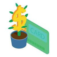 financieel investering icoon isometrische vector. credit kaart en dollar in bloem pot vector