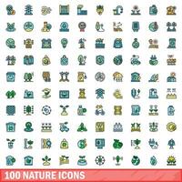 100 natuur pictogrammen set, kleur lijn stijl vector