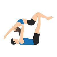 jong paar aan het doen yogi beoefenen hoog vliegend walvis acro yoga houding. jong Mens balanceren een vrouw Aan zijn voeten. vector