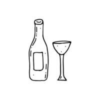 een fles van wijn en een wijn glas. viering, vakantie. tekening. vector illustratie. hand- getrokken. schets