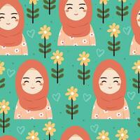 naadloos patroon schattig tekenfilm meisje met hijab en bloem. Moslim meisje behang vector