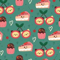 naadloos patroon tekenfilm kers kat, koekje en taart. voedsel tekening voor kinderen behang, textiel, kleding stof afdrukken vector