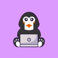 schattige pinguïn met behulp van laptop. dierlijk beeldverhaalconcept geïsoleerd. kan worden gebruikt voor t-shirt, wenskaart, uitnodigingskaart of mascotte. platte cartoonstijl vector