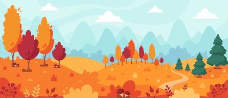 herfstlandschap met bomen, bergen, velden, bladeren. platteland landschap. herfst achtergrond. vector