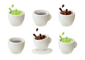 3d verschillend wit kop met heet koffie of matcha latte plons tekenfilm stijl. vector