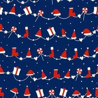 naadloze patroonachtergrond met sokken, kerstmuts, snoep en geschenkdoos vector