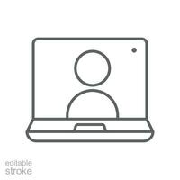 webinar in laptop scherm icoon. digitaal communicatie in bedrijf vergadering of online gebaseerd aan het leren. virtueel klas met menselijk avatar. bewerkbare beroerte vector illustratie ontwerp Aan wit terug eps 10