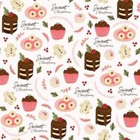naadloze patroonachtergrond met cupcake, cake, bladeren en dessert vector