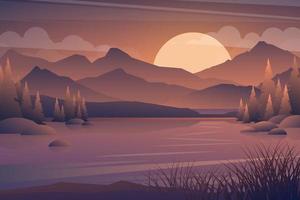 landschap in de weide en het meer met zonsondergang cartoon vector. vector