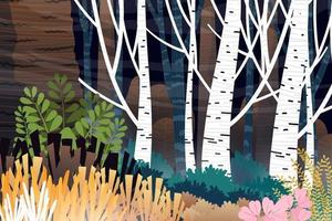 scène bos van bomen en kleurrijke lage heggen vector