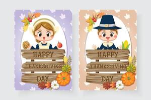 happy thanksgiving day iconen met meisjes en borden gemaakt van verschillende soorten hout. vector