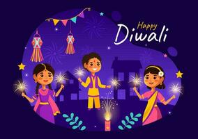 gelukkig diwali Hindoe vector illustratie met Indisch rangoli en vuurwerk achtergrond voor licht festival van Indië in vlak kinderen tekenfilm ontwerp