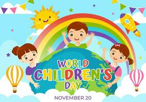 wereld kinderen dag vector illustratie Aan 20 november met kinderen en regenboog in kinderen viering tekenfilm helder lucht blauw achtergrond ontwerp