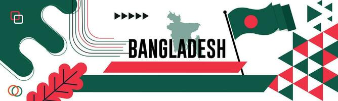 Bangladesh nationaal dag banier met kaart, vlag kleuren thema achtergrond en meetkundig abstract retro modern kleurrijk ontwerp met verheven handen of vuisten. vector