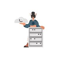 de bekrachtigd dame is Holding een informatie wolk en een server. burgelijk. modieus stijl, vector illustratie