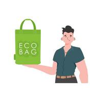 een Mens houdt een eco zak in zijn handen. eco vriendelijk concept. geïsoleerd Aan wit achtergrond. neiging stijl.vector illustratie. vector
