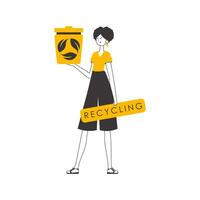 een vrouw is Holding een uitschot kan. verspilling recycling concept. lineair modern stijl. geïsoleerd Aan wit achtergrond. vector illustratie.