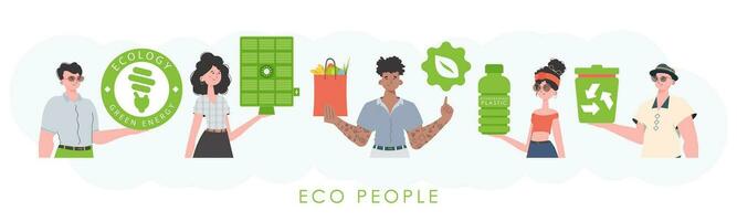 zorgzaam voor de omgeving. eco vriendelijk mensen. mode karakters. vector illustratie.