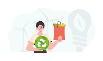 de Mens is getoond tot je middel Holding een eko icoon en een zak van gepast voeding. gezond voedsel, ecologie, recycling en nul verspilling concept. vlak modieus stijl. vector. vector