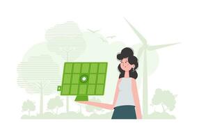 eco energie concept. een vrouw houdt een zonne- paneel in haar hand. modieus stijl. vector illustratie.