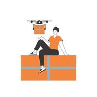 een Mens levert een pakket door drone. lucht levering concept. minimalistisch lineair stijl. geïsoleerd Aan wit achtergrond. vector illustratie.