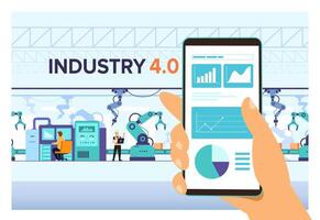 hand met smartphone bestuurt het productieproces. industrie 4.0 vector