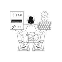 meisje houdt belasting terugkeer en stack van munten in haar handen, lineair gestileerd vector illustratie.