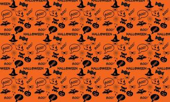 halloween feestelijk naadloos patroon. eindeloos achtergrond met pompoenen, schedels, vleermuizen, spinnen, geesten, botten, snoepjes, spin web en toespraak bubbel met boo.halloween vector naadloos patroon