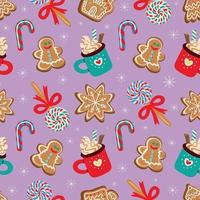 naadloos vectorpatroon van geassorteerde traditionele desserts voor kerstviering op paarse achtergrond vector