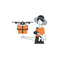 de meisje levert de pakket door drone. de concept van lading levering door lucht. minimalistisch lineair stijl. geïsoleerd Aan wit achtergrond. vector illustratie.