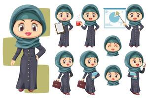 gelukkige moslim zakenvrouw die hijab draagt in verschillende composities vector