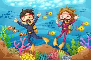 jonge man en vrouw duiker duikt onder de zee vector