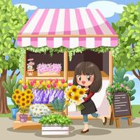 vrolijke jonge vrouwenbloemist in schort bij bloemenwinkel vector