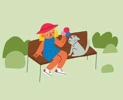 schattig kinderen illustratie met weinig meisje aan het eten ijs room in de park met de kat. afbeelding boek illustratie in tekenfilm vlak stijl vector