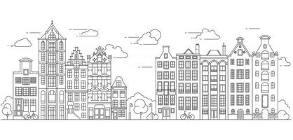 amsterdamse oude stijl huizen. typisch Nederlandse grachtenpanden opgesteld in de buurt van een kanaal in nederland. gebouw en gevels voor spandoek of poster. vector overzicht illustratie.
