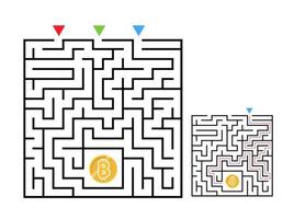 vierkant doolhoflabyrintspel met bitcoin. labyrint logica raadsel voor kinderen. drie ingang en een goede weg te gaan. platte vectorillustratie vector