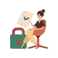 een vrouw zit in een stoel en houdt een document in haar handen. gegevens bescherming. slim contract. modern stijl karakter. vector
