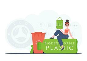 de concept van ecologie en zorg voor de omgeving. de meisje zit Aan een fles met biologisch afbreekbaar plastic en houdt een eco zak in haar handen. mode neiging illustratie in vector. vector