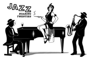 brullen twintig. levensstijl jaren '20. vin meisje zittend Aan een piano, pianist en saxofonist spelen jazz. zwart en wit inkt stijl vector illustratie. allemaal figuren en elementen zijn de scheiden voorwerpen