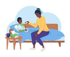 Afrikaanse Amerikaans moeder geven geneeskunde naar kind tekenfilm vlak illustratie. zwart mam met ziek kind aan het liegen in bed 2d tekens geïsoleerd Aan wit achtergrond. griep behandeling tafereel vector kleur beeld