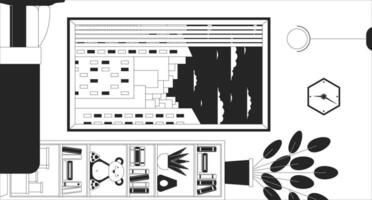 omgekeerd kamer knus interieur schets 2d tekenfilm achtergrond. laat middag slaapkamer draaide zich om 90 graden lineair esthetisch vector illustratie. ondersteboven naar beneden huis vlak behang kunst, monochromatisch lofi beeld