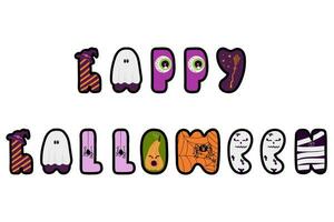 gelukkig halloween tekenfilm belettering. versierd met geest, heks hoed, oog, bezem, spin, pompoen, mama vector