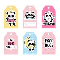 schattig panda kleurrijk labels. eenhoorn, prinses slapen dieren kinderen illustratie vector